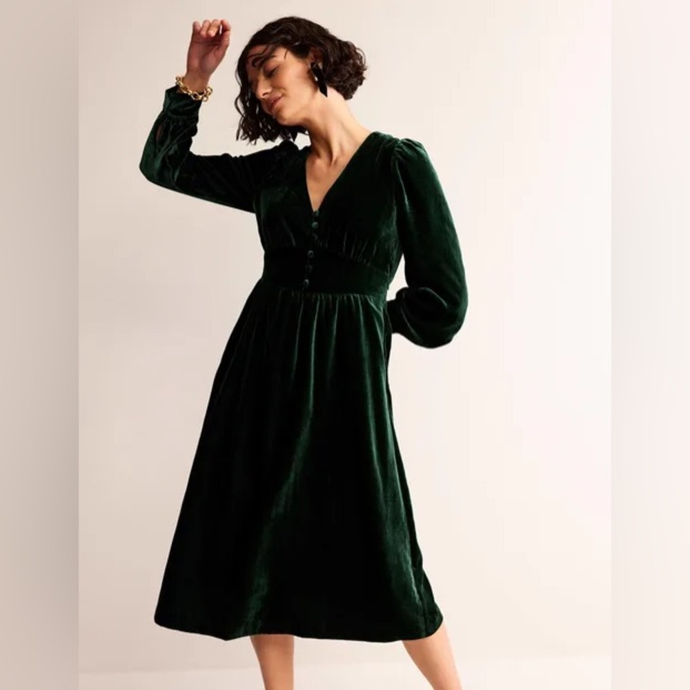 BODEN Elise Velvet Midi Dress US 10P Chatsworth Green D0810